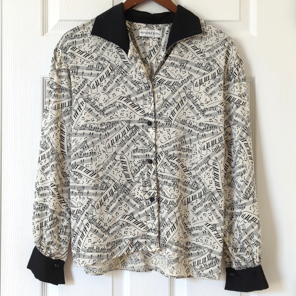 Pendleton 90's Vintage Silky Sheet Music Print Button Down Blouse Cream Black 4